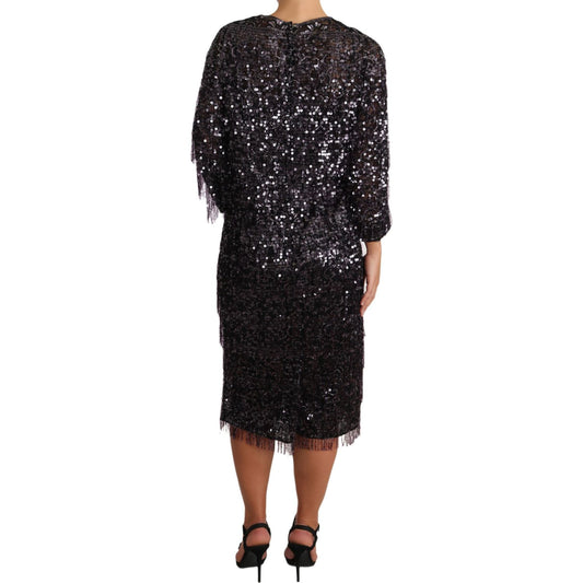 Dolce & Gabbana Sequined Shift Midi Dress – Timeless Elegance black-sequined-long-sleeve-shift-midi-dress