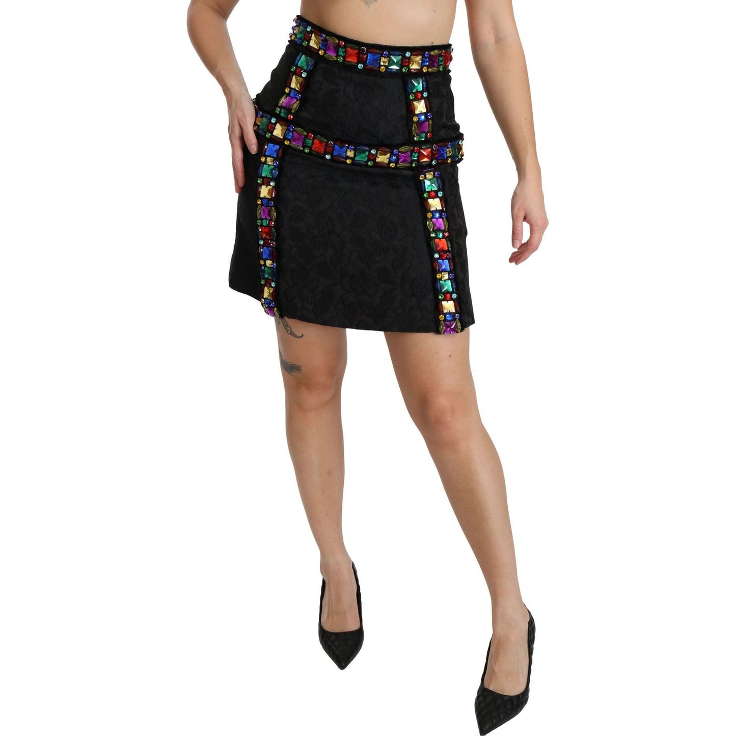 Dolce & Gabbana Elegant High-Waist Embellished Black Skirt black-crystal-embellished-high-waist-skirt