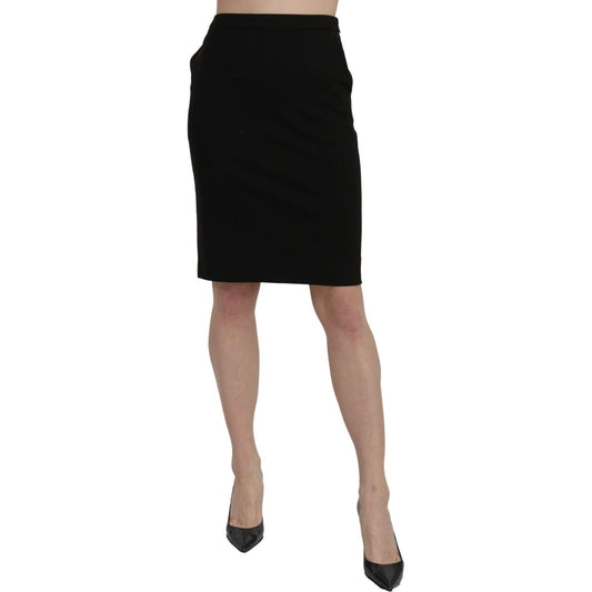 GF Ferre Chic High Waist Black Linen Skirt black-high-waist-pencil-cut-knee-length-formal-skirt
