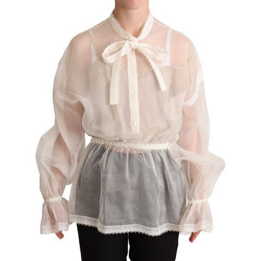 Dolce & Gabbana Elegant White Silk-Cotton Ascot Blouse white-ascot-collar-long-sleeves-blouse-top
