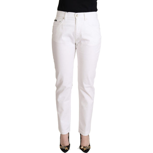 Dolce & Gabbana Chic White Tapered Denim Jeans with Logo Patch white-cotton-mid-waist-denim-tapered-jeans