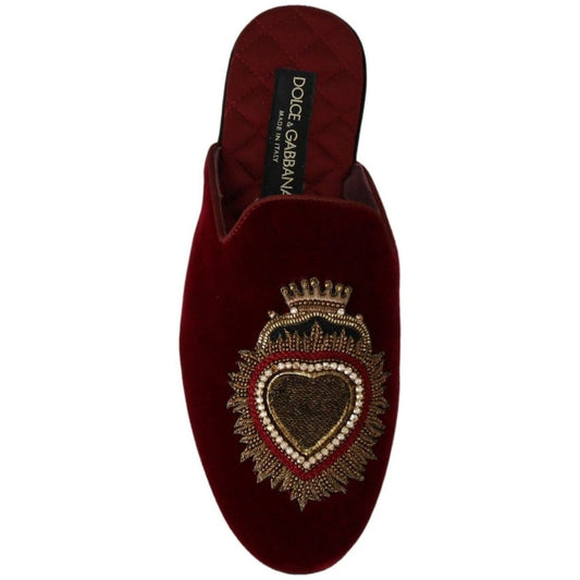 Dolce & Gabbana | Red Velvet Sacred Heart Embroidery Slides Shoes  | McRichard Designer Brands