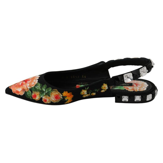 Dolce & Gabbana Elegant Crystal-Embellished Floral Flats black-floral-crystal-slingbacks-flats-shoes