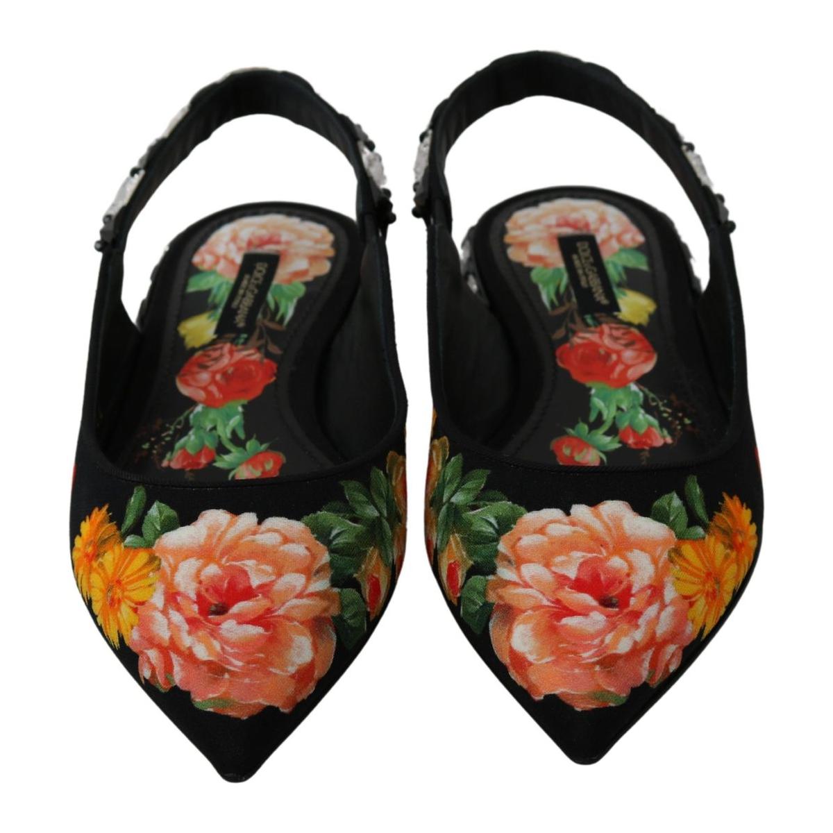 Dolce & Gabbana Elegant Crystal-Embellished Floral Flats black-floral-crystal-slingbacks-flats-shoes