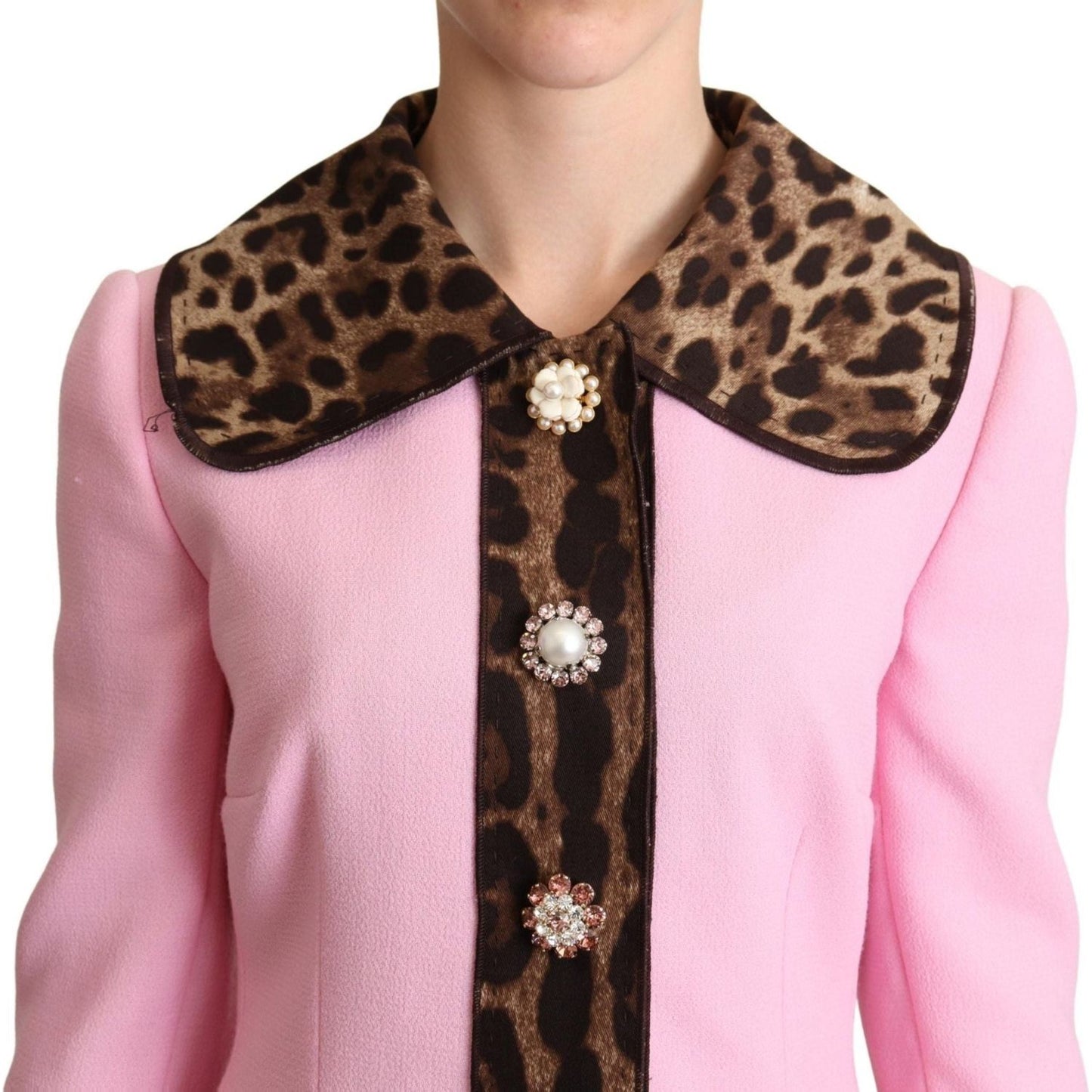 Dolce & Gabbana Chic Pink Leopard Trench with Crystal Buttons pink-leopard-wool-trenchcoat-jacket