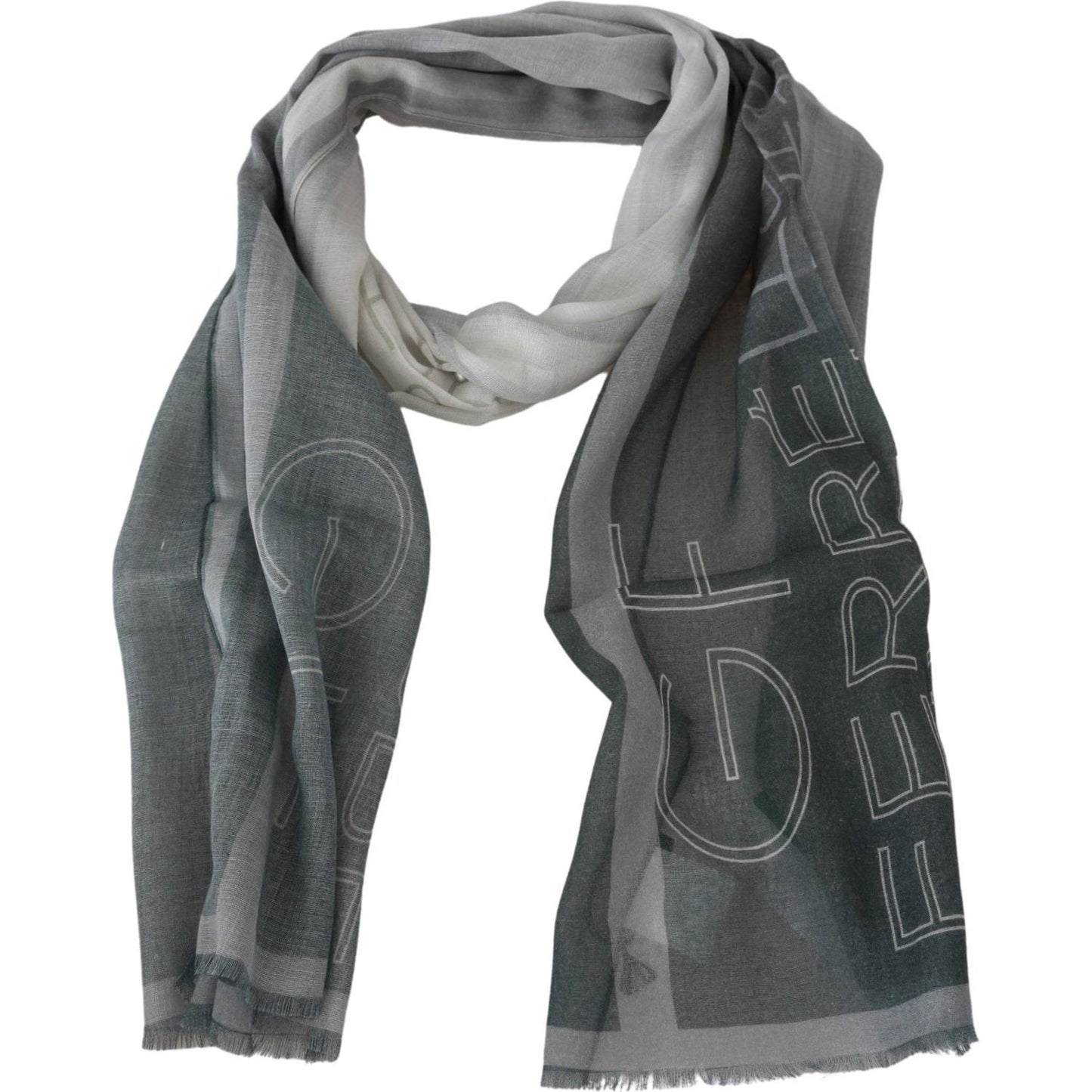 GF Ferre Elegant Blue Gray Patterned Scarf Wool Scarves gray-wool-viscose-foulard-patterned-branded-scarf