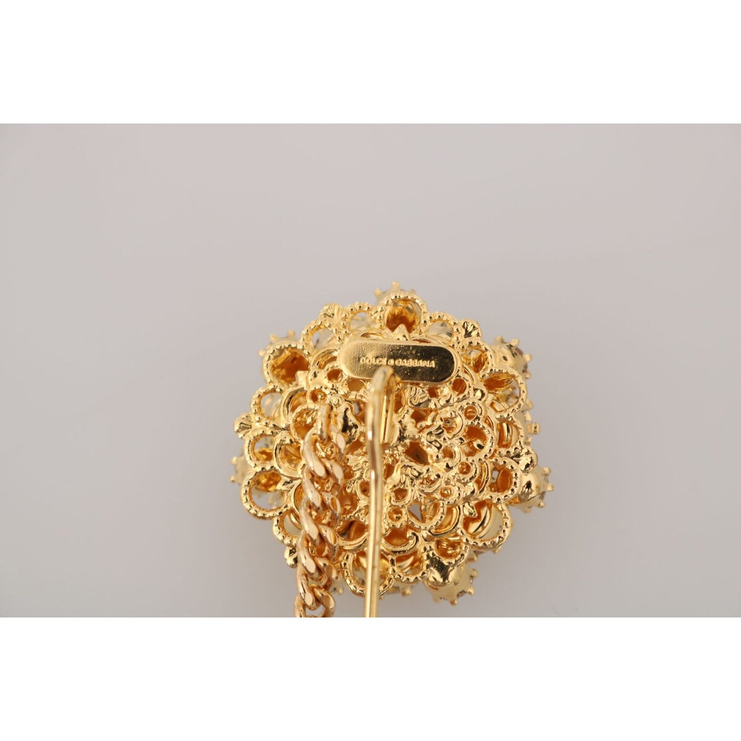 Dolce & Gabbana Exquisite Crystal-Embellished Gold Brooch gold-brass-clear-crystal-chain-pin-women-brooch