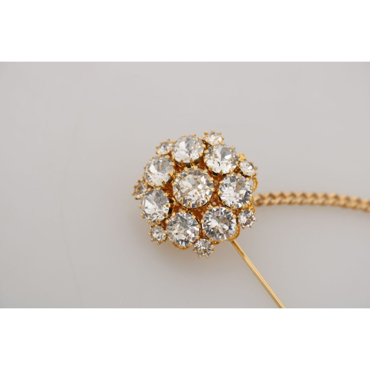 Dolce & Gabbana Exquisite Crystal-Embellished Gold Brooch gold-brass-clear-crystal-chain-pin-women-brooch