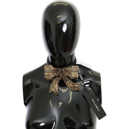 Dolce & Gabbana Elegant Silk Gold Bowtie - Dazzle in Style Necklace gold-crystal-beaded-sequined-100-silk-catwalk-necklace
