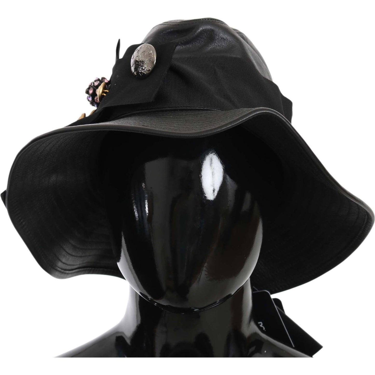 Dolce & Gabbana Black Leather DG Coin Crystal Wide Brim Hat black-leather-dg-coin-crystal-wide-brim-hat Hat IMG_0142-2.jpg