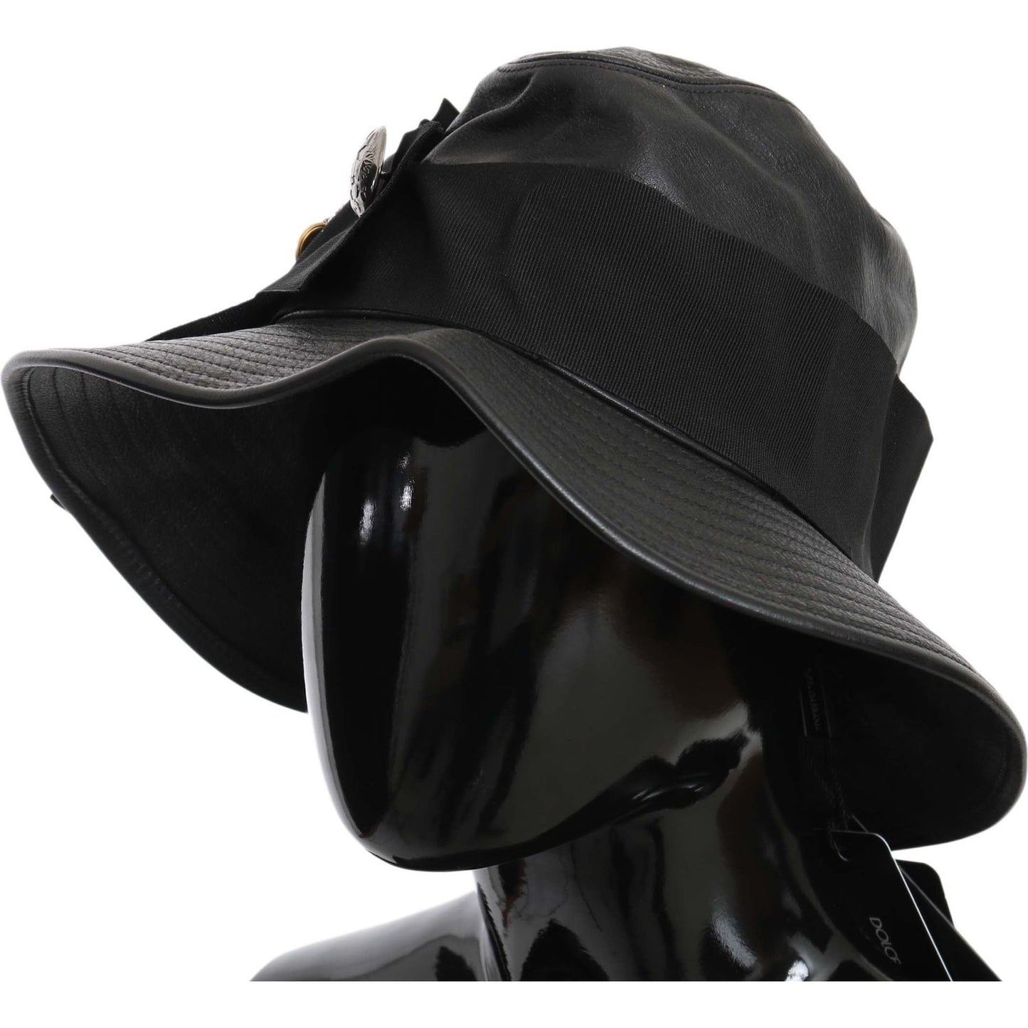 Dolce & Gabbana Elegant Black Leather Cloche Cap Hat black-leather-dg-coin-crystal-wide-brim-hat IMG_0143-2.jpg