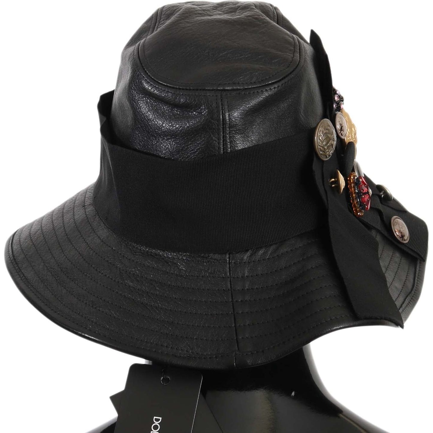 Dolce & Gabbana Black Leather DG Coin Crystal Wide Brim Hat black-leather-dg-coin-crystal-wide-brim-hat Hat