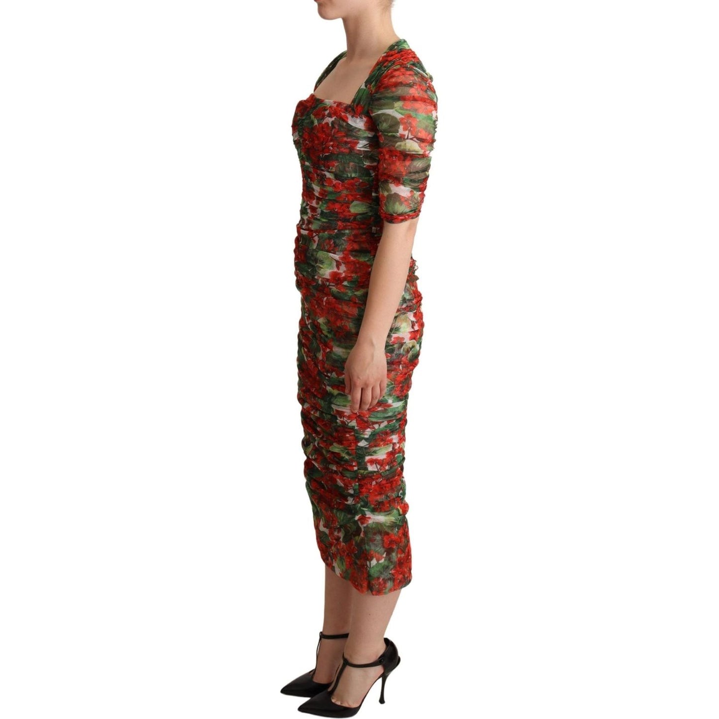 Dolce & Gabbana Elegant Red Floral Midi Sheath Dress WOMAN DRESSES red-floral-print-tulle-sheath-midi-dress