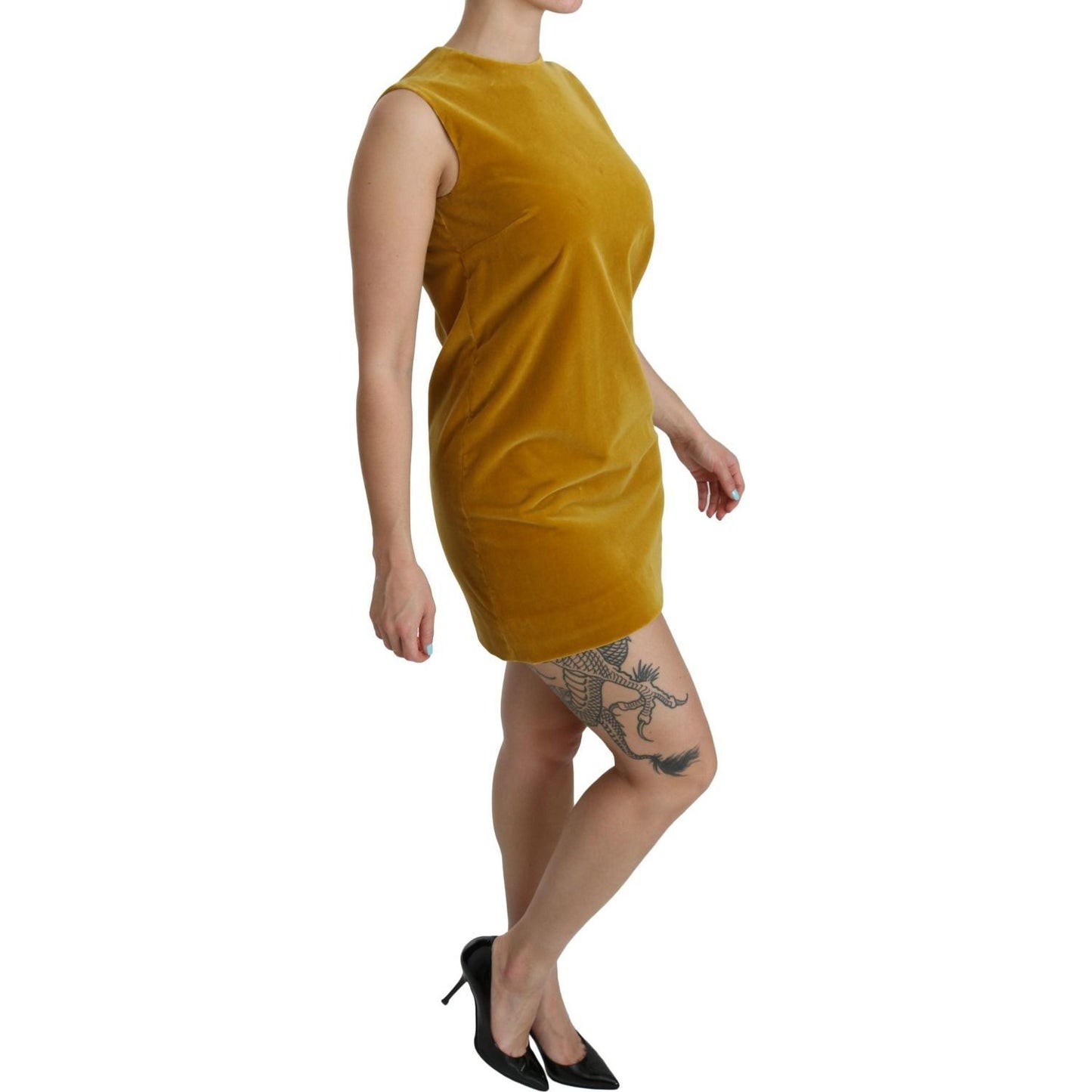 Dolce & Gabbana Mustard Velvet Shift Mini Dress mustard-velvet-stretch-shift-mini-dress