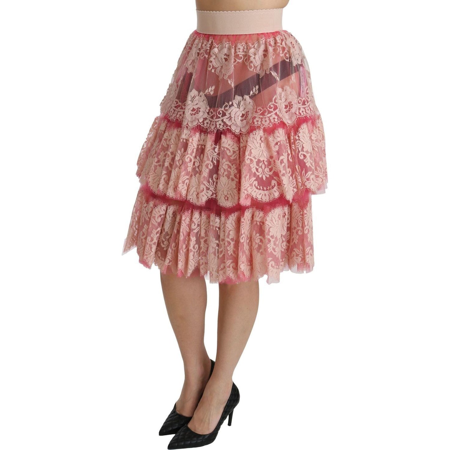 Dolce & Gabbana Elegant Pink Lace High-Waist Skirt pink-lace-layered-high-waist-knee-length-skirt