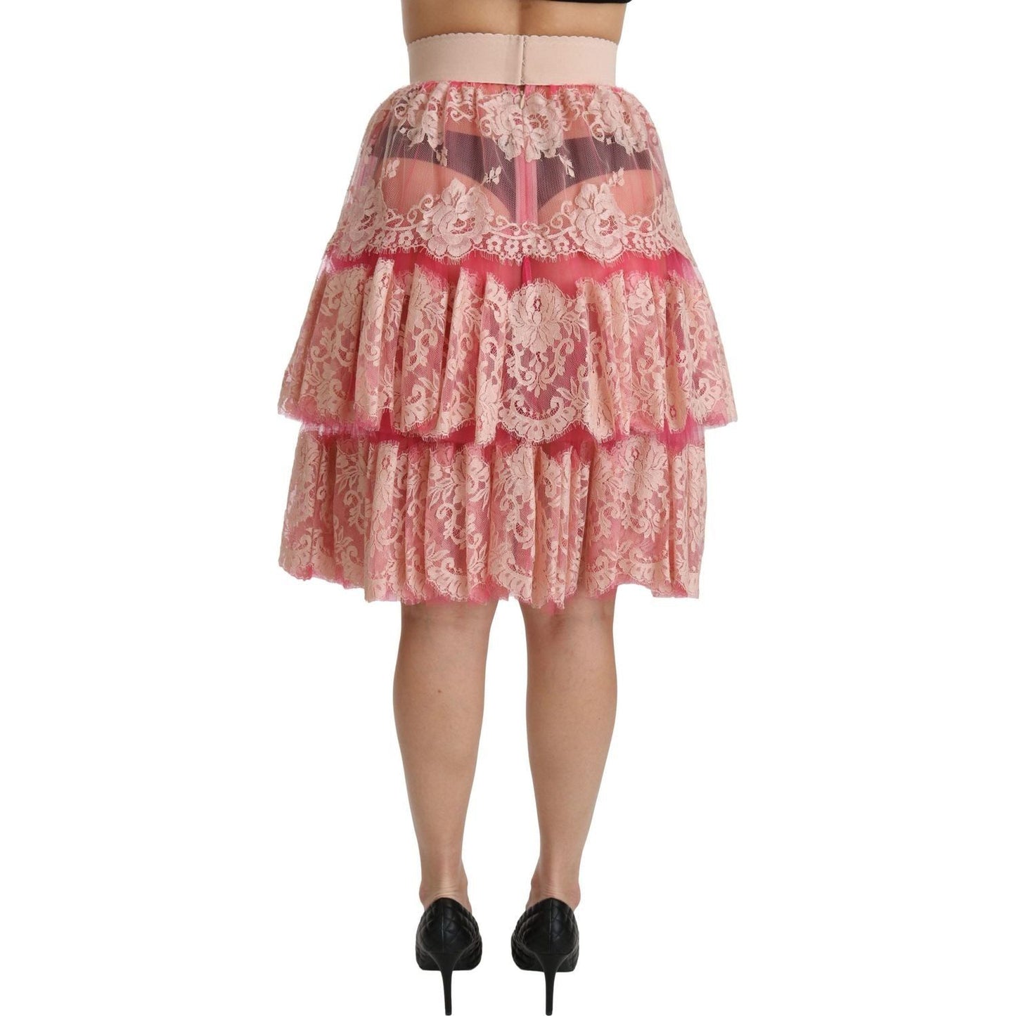 Dolce & Gabbana Elegant Pink Lace High-Waist Skirt pink-lace-layered-high-waist-knee-length-skirt