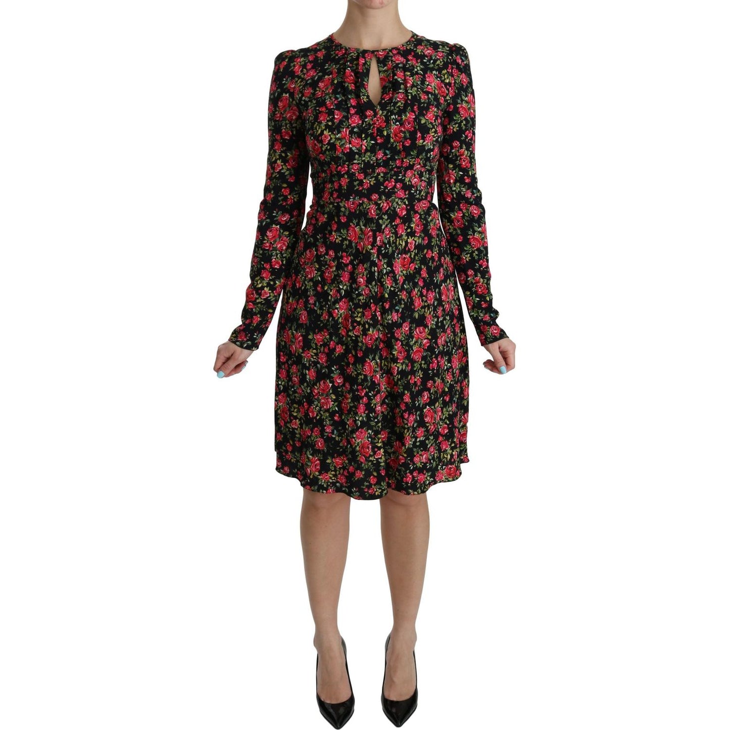 Dolce & Gabbana Floral A-Line Viscose Knee Length Dress black-floral-longsleeve-knee-length-dress