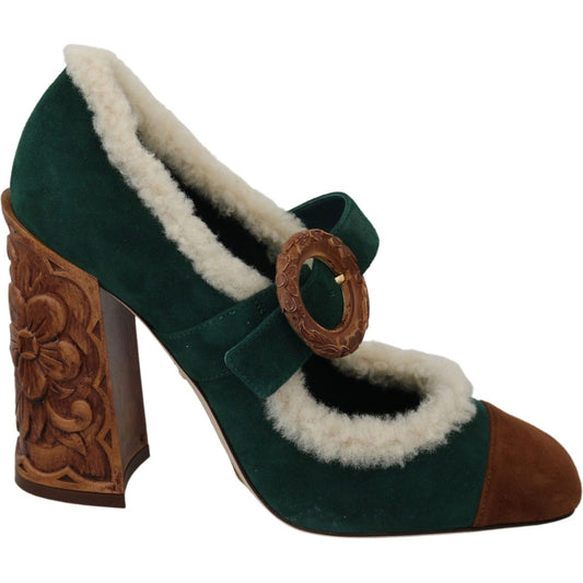 Dolce & Gabbana Chic Green Suede Mary Janes with Shearling Trim green-suede-fur-shearling-mary-jane-shoes