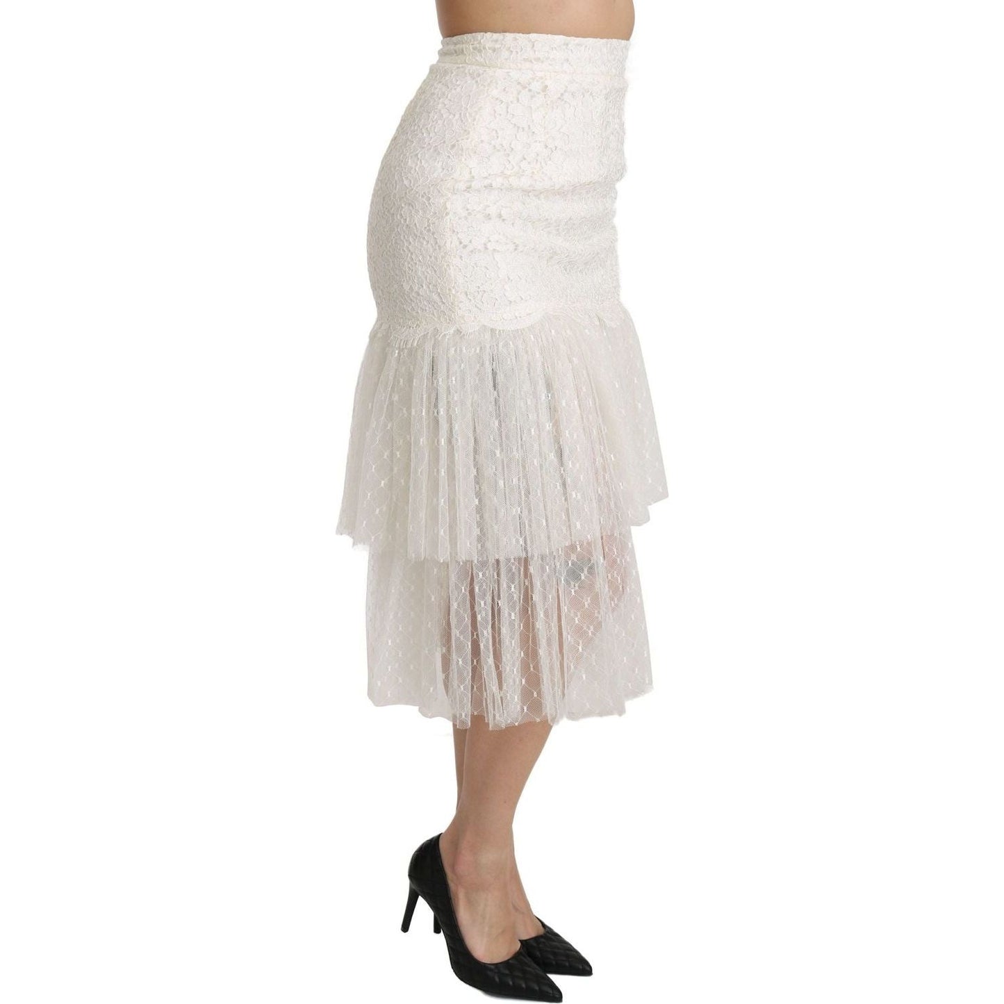 Dolce & Gabbana Elegant White Lace High-Waist Skirt white-lace-layered-high-waist-midi-cotton-skirt