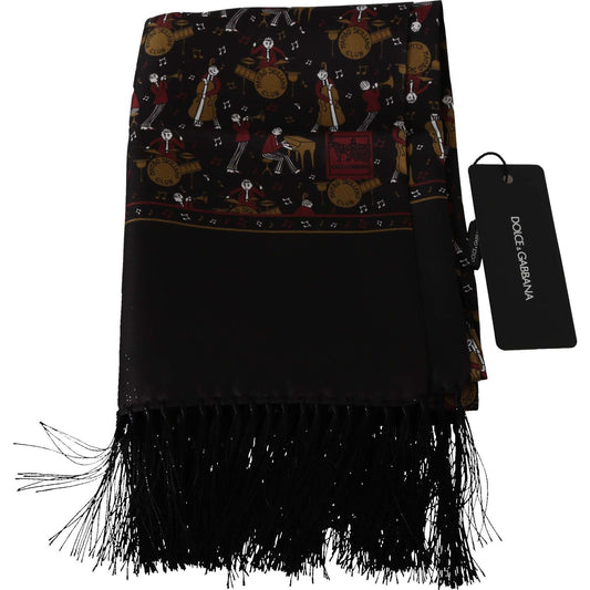 Dolce & Gabbana Elegant Brown Silk Musicians Print Scarf Scarves brown-musicians-print-mens-scarf