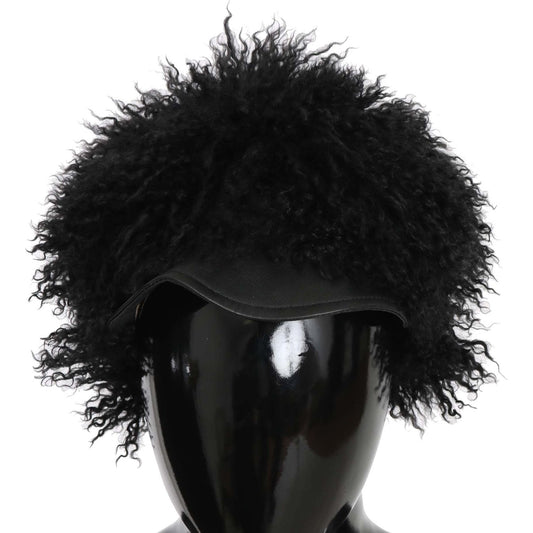 Dolce & Gabbana Chic Black Gatsby Cap in Tibet Lamb Fur Hat black-tibet-lamb-fur-leather-gatsby-hat IMG_0185-2.jpg