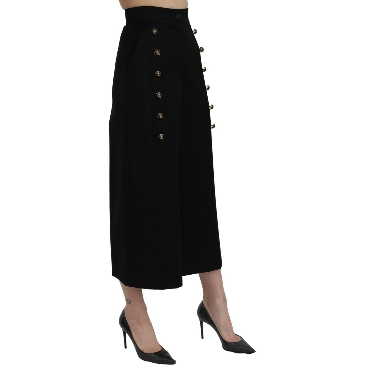 Dolce & Gabbana Elegant High Waist Wide Leg Wool Pants black-high-waist-wide-leg-cropped-pants