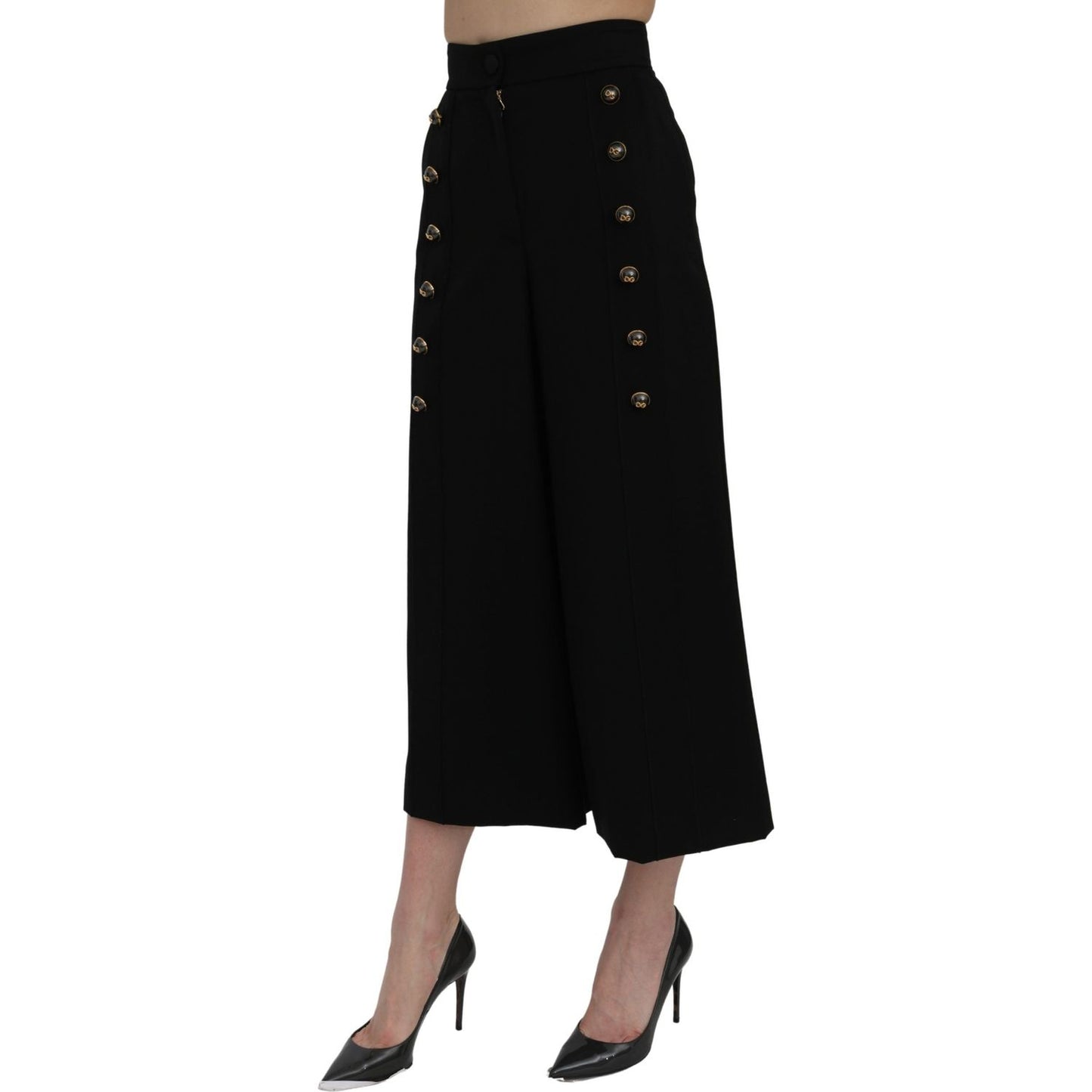 Dolce & Gabbana Elegant High Waist Wide Leg Wool Pants black-high-waist-wide-leg-cropped-pants
