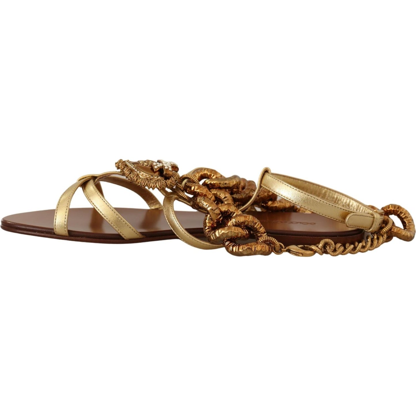 Dolce & Gabbana Chic Gladiator Flats with Heart and Chain Accents gold-leather-devotion-flats-sandals IMG_0198-scaled-ca304ea7-295.jpg
