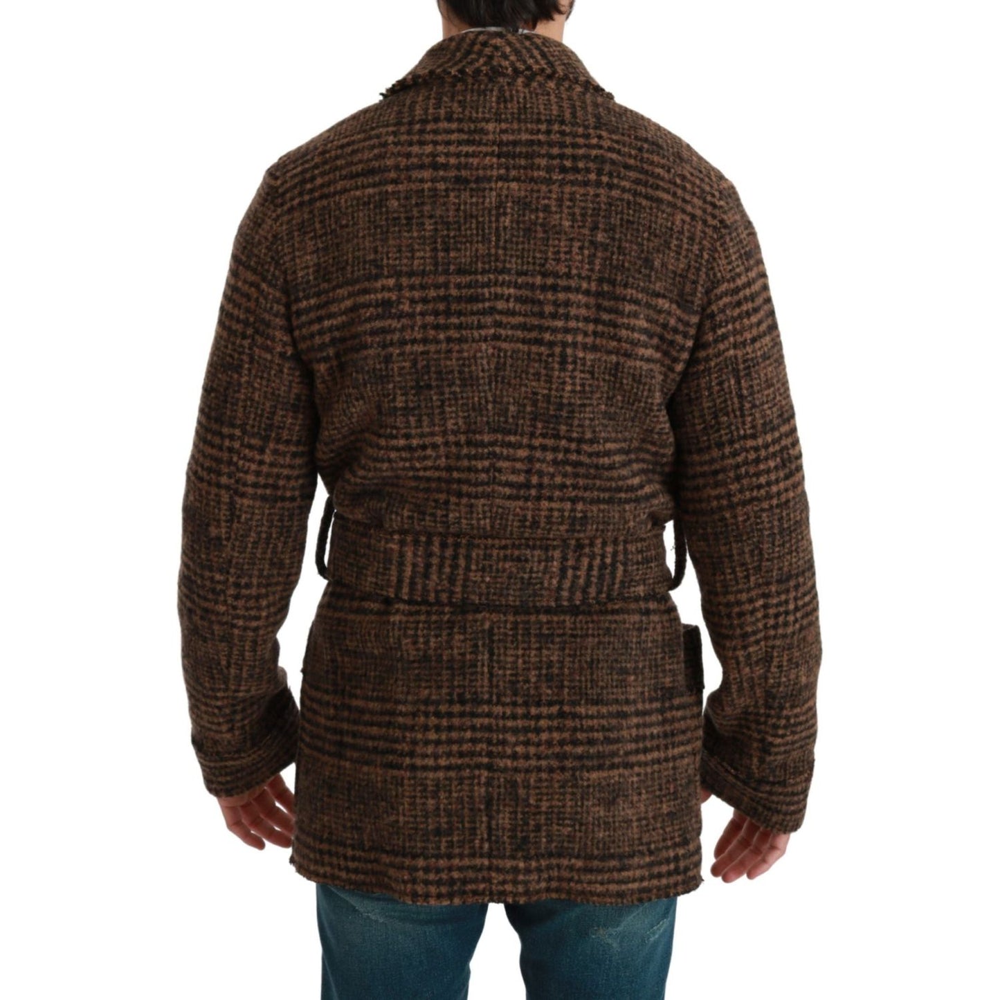Dolce & Gabbana Elegant Brown Alpaca Blend Belted Cape Jacket Coats & Jackets brown-checkered-wool-robe-coat-wrap-jacket