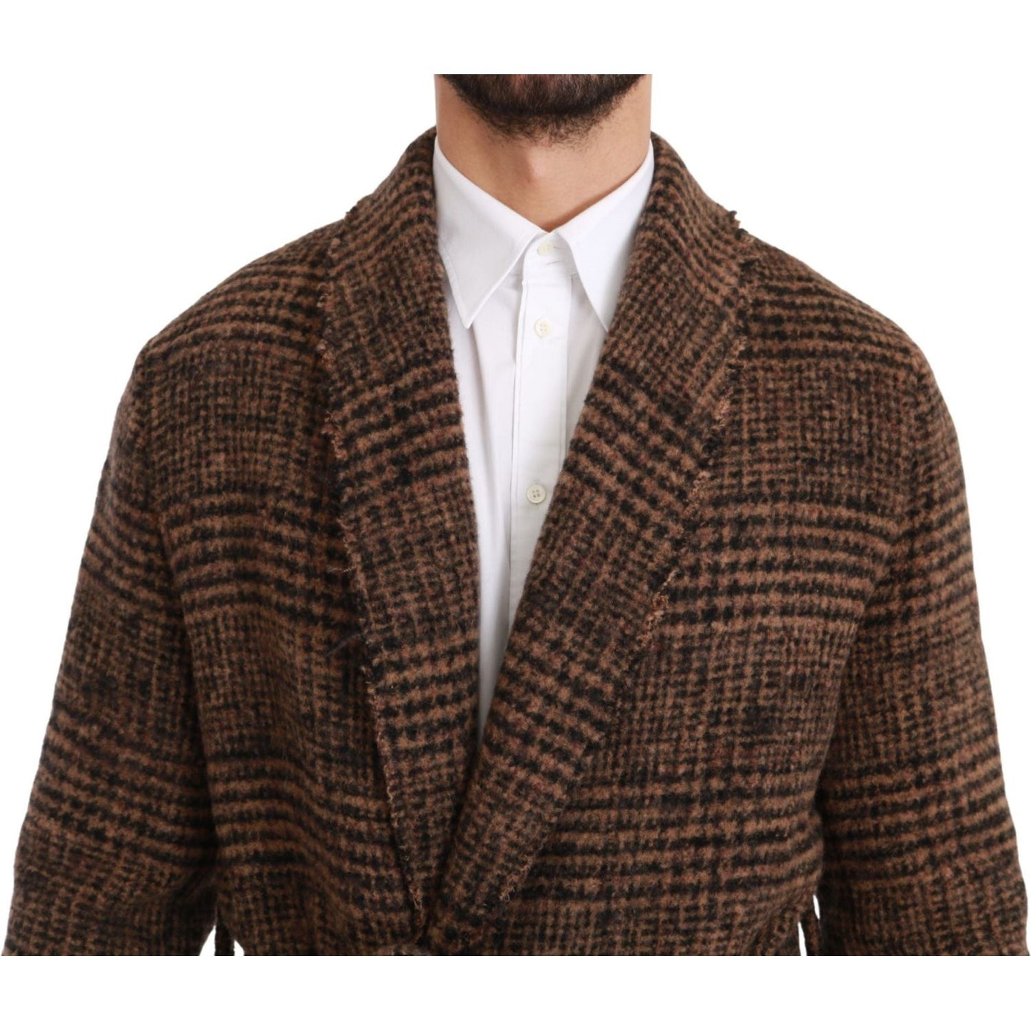 Dolce & Gabbana Elegant Brown Alpaca Blend Belted Cape Jacket Coats & Jackets brown-checkered-wool-robe-coat-wrap-jacket
