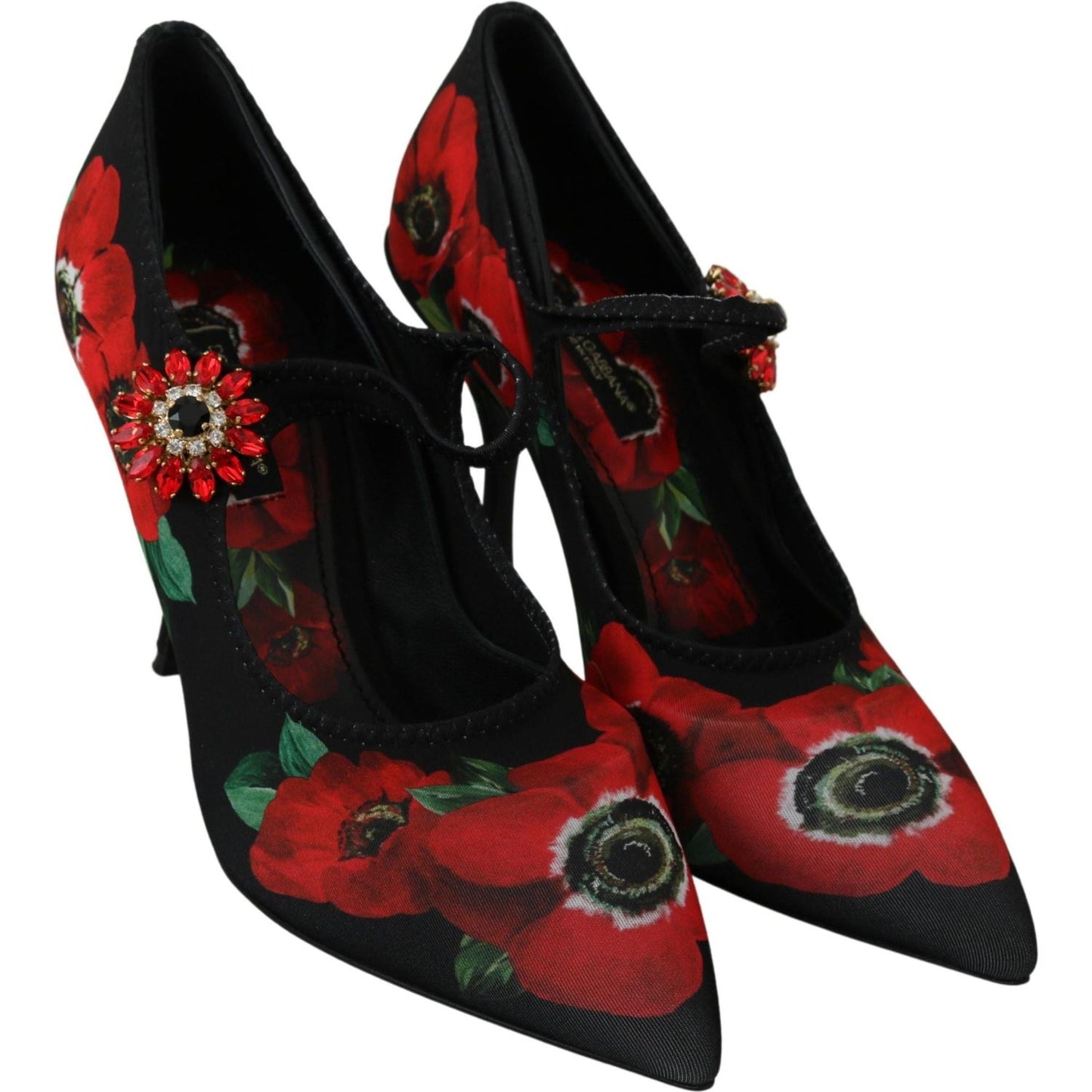 Dolce & Gabbana Floral Mary Janes Pumps with Crystal Detail Shoes black-red-floral-mary-janes-pumps-shoes