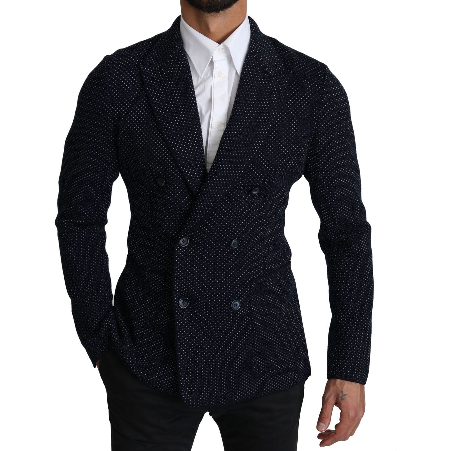 Dolce & Gabbana Elegant Dark Blue Dotted Slim-Fit Blazer dark-blue-dotted-double-breasted-coat-blazer IMG_0232-1-scaled-24805595-6a8.jpg