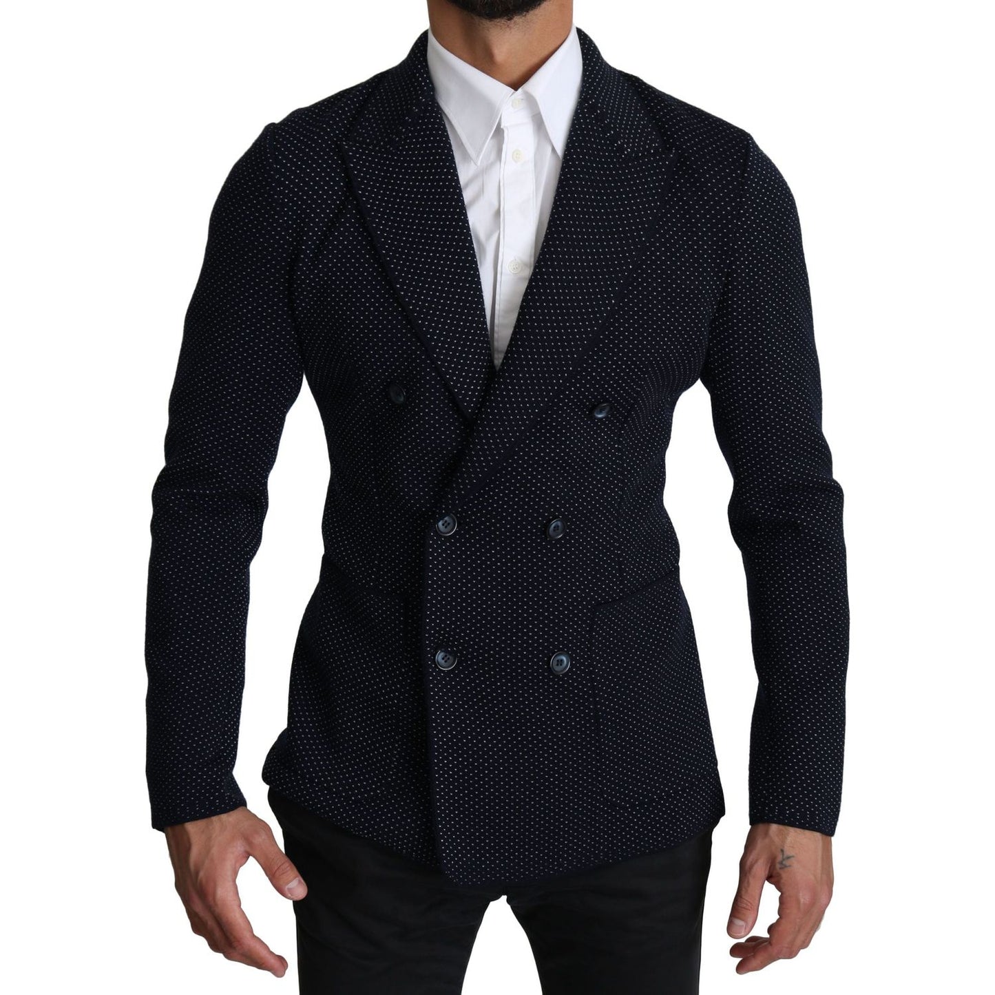 Dolce & Gabbana Elegant Dark Blue Dotted Slim-Fit Blazer dark-blue-dotted-double-breasted-coat-blazer IMG_0233-1-scaled-87edde5a-dfb.jpg