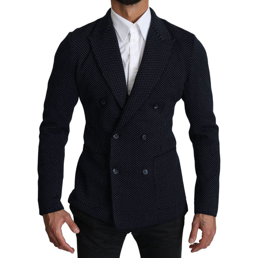 Dolce & Gabbana Elegant Dark Blue Dotted Slim-Fit Blazer dark-blue-dotted-double-breasted-coat-blazer