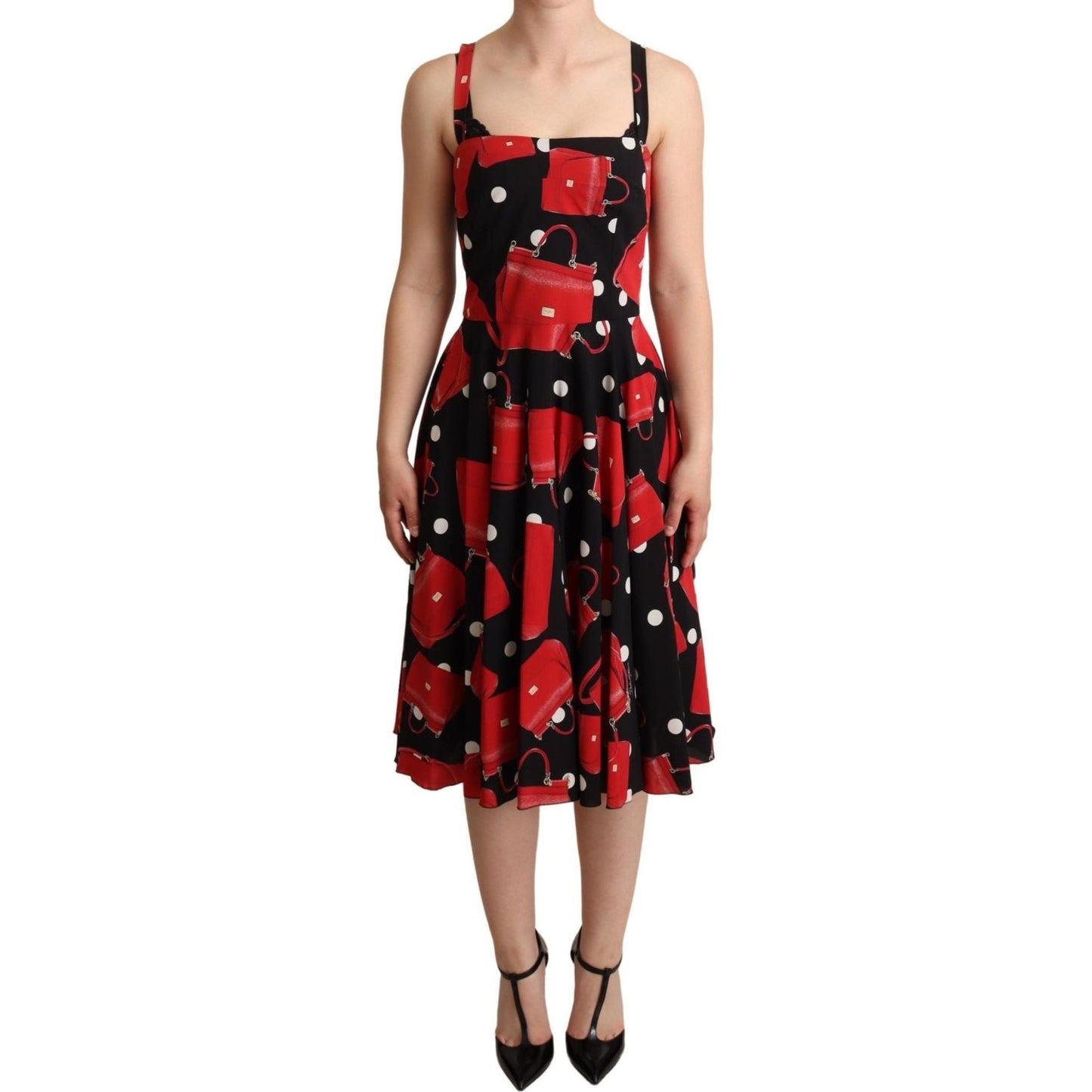 Dolce & Gabbana Sicilian Bag Print Sleeveless Midi Dress WOMAN DRESSES black-red-bag-print-a-line-mid-length-dress