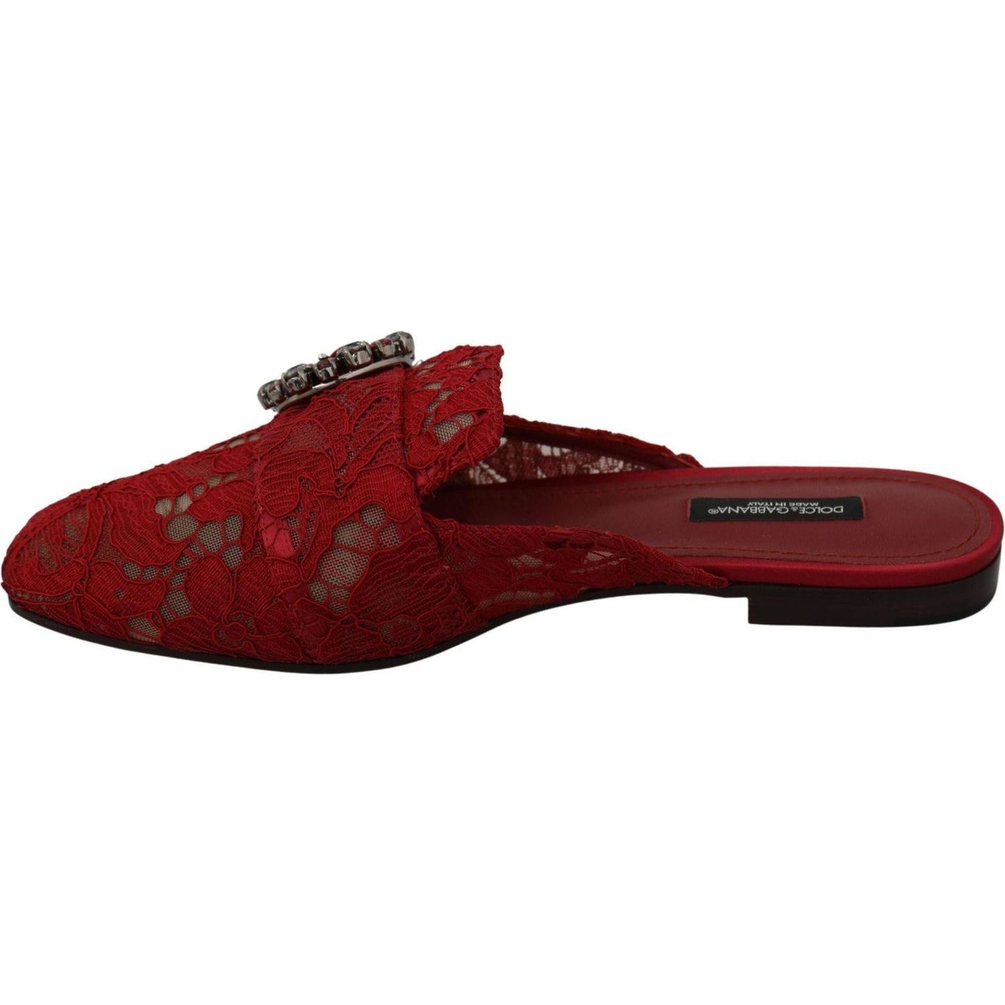 Dolce & Gabbana Radiant Red Slide Flats with Crystal Embellishments red-lace-crystal-slide-on-flats-shoes