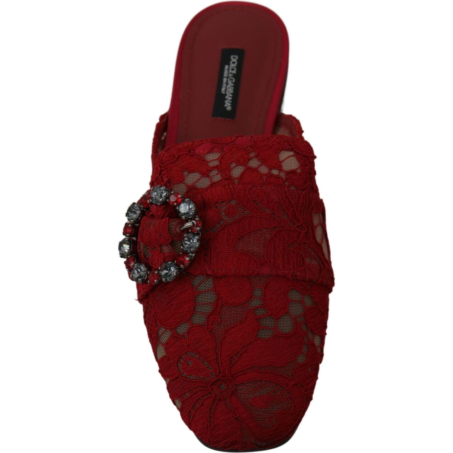 Dolce & Gabbana Radiant Red Slide Flats with Crystal Embellishments red-lace-crystal-slide-on-flats-shoes
