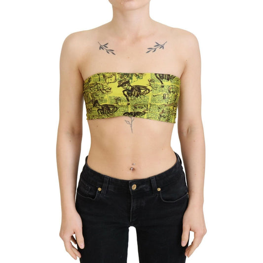 John Galliano Chic Cropped Stretch Top Bra in Multicolor Print yellow-newspaper-print-cropped-blouse