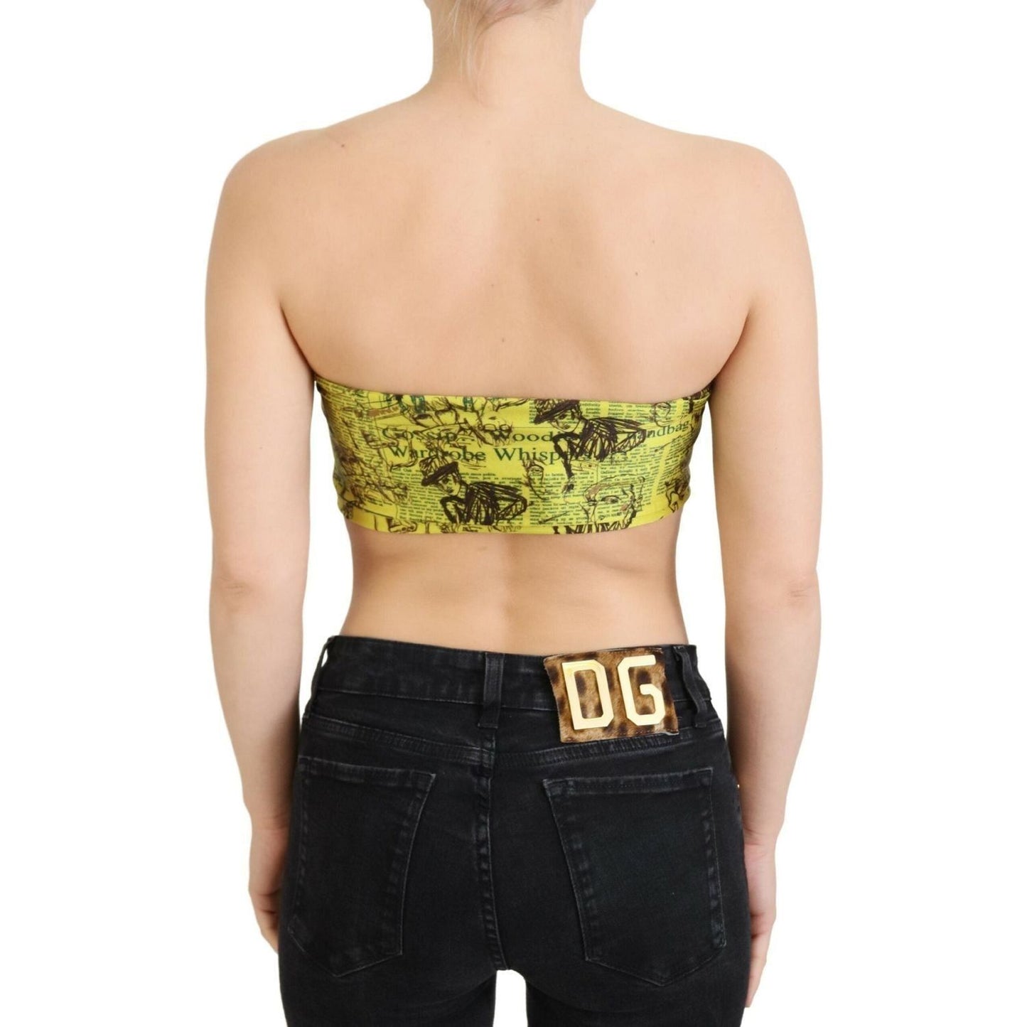 John Galliano Chic Cropped Stretch Top Bra in Multicolor Print yellow-newspaper-print-cropped-blouse