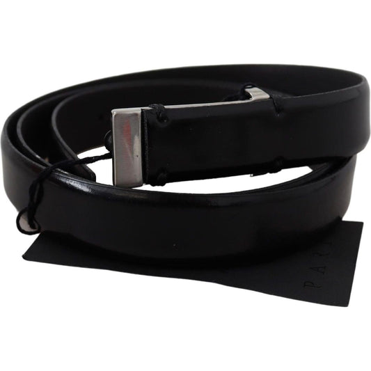 PLEIN SUD Elegant Black Leather Waist Belt Belt black-leather-silver-chrome-metal-buckle-belt-1