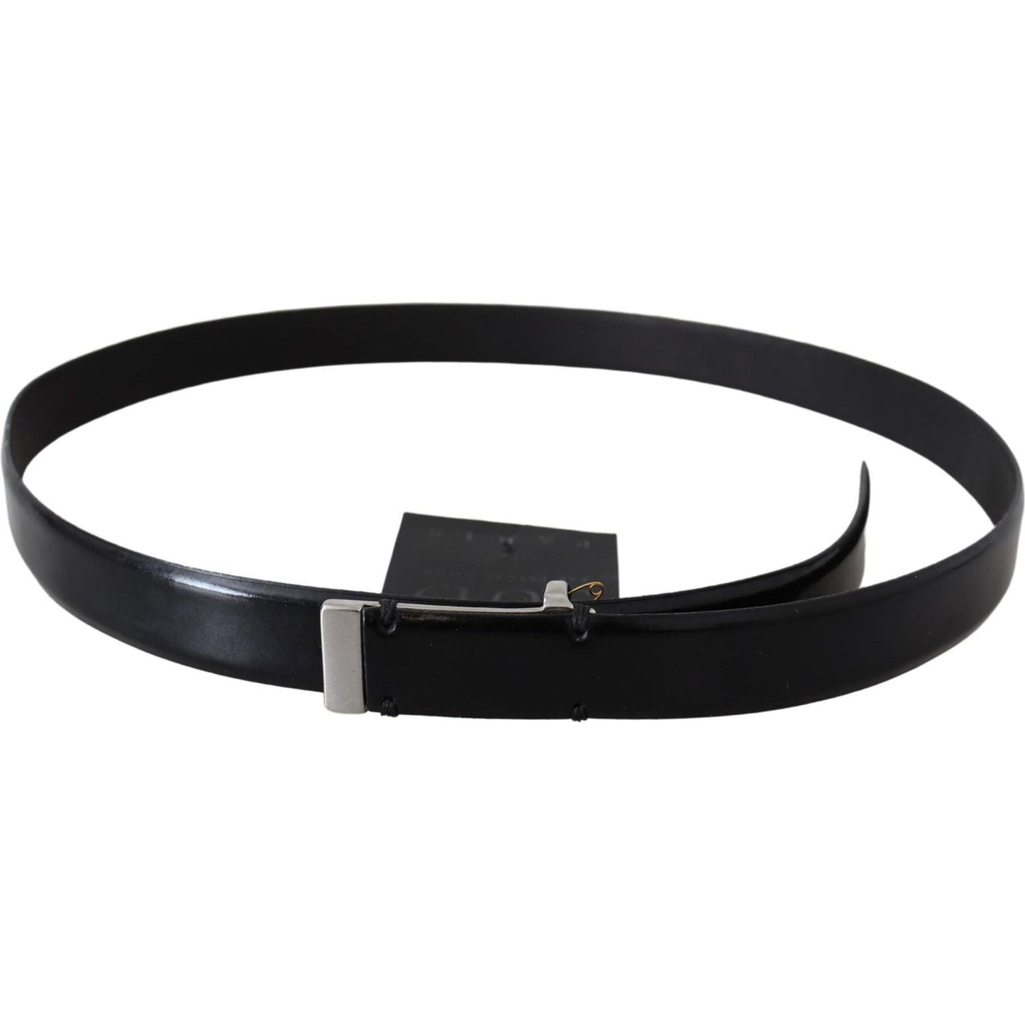 PLEIN SUD Elegant Black Leather Waist Belt Belt black-leather-silver-chrome-metal-buckle-belt-1