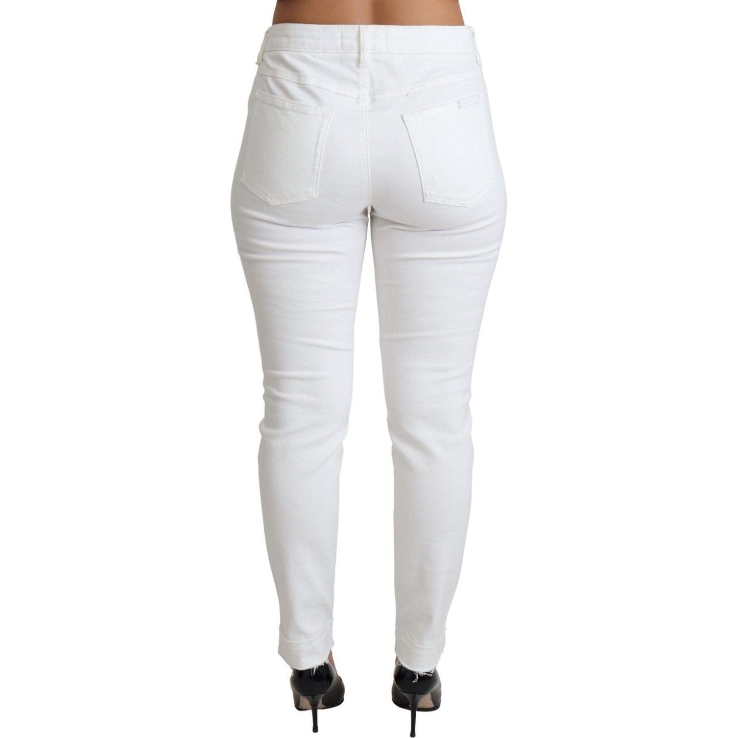 Dolce & Gabbana Chic White Mid Waist Designer Jeans white-tattered-skinny-denim-cotton-stretch-jeans