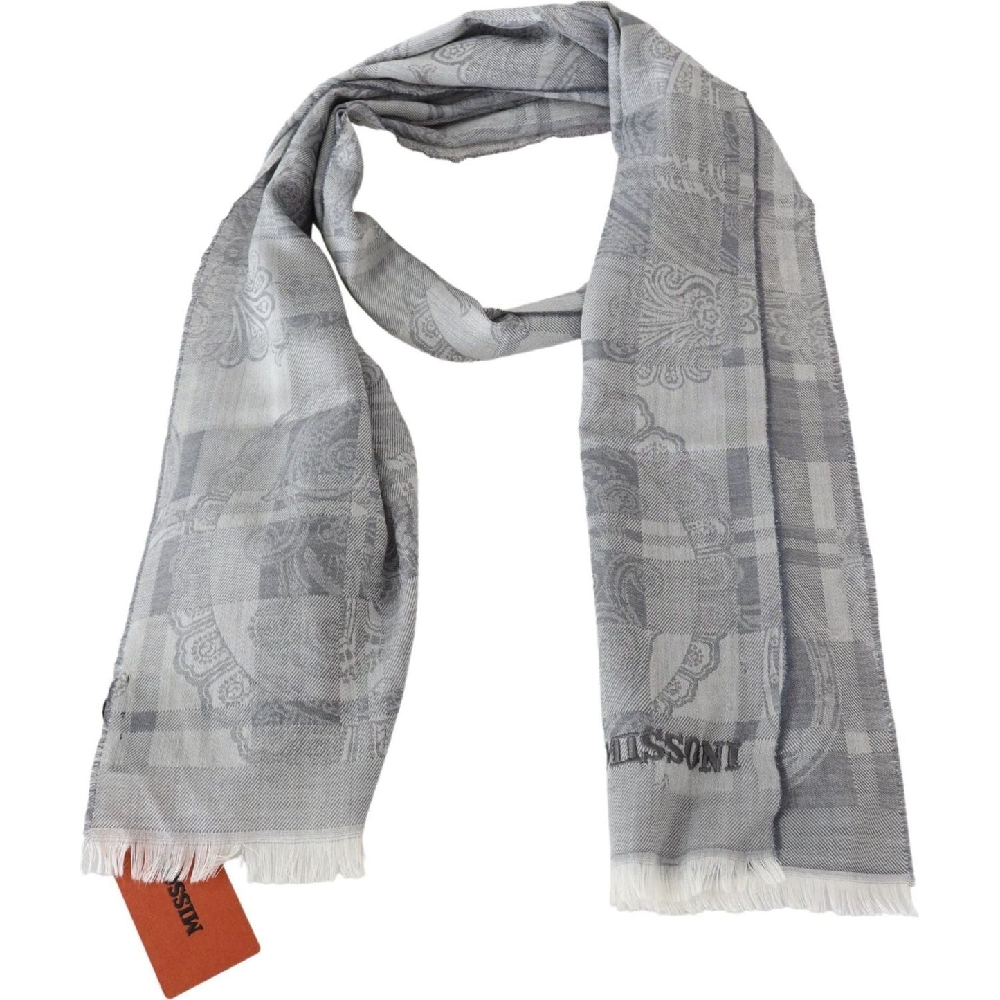 Missoni Chic Unisex Gray Wool Scarf with Logo Embroidery gray-floral-wool-unisex-neck-wrap-fringes-scarf