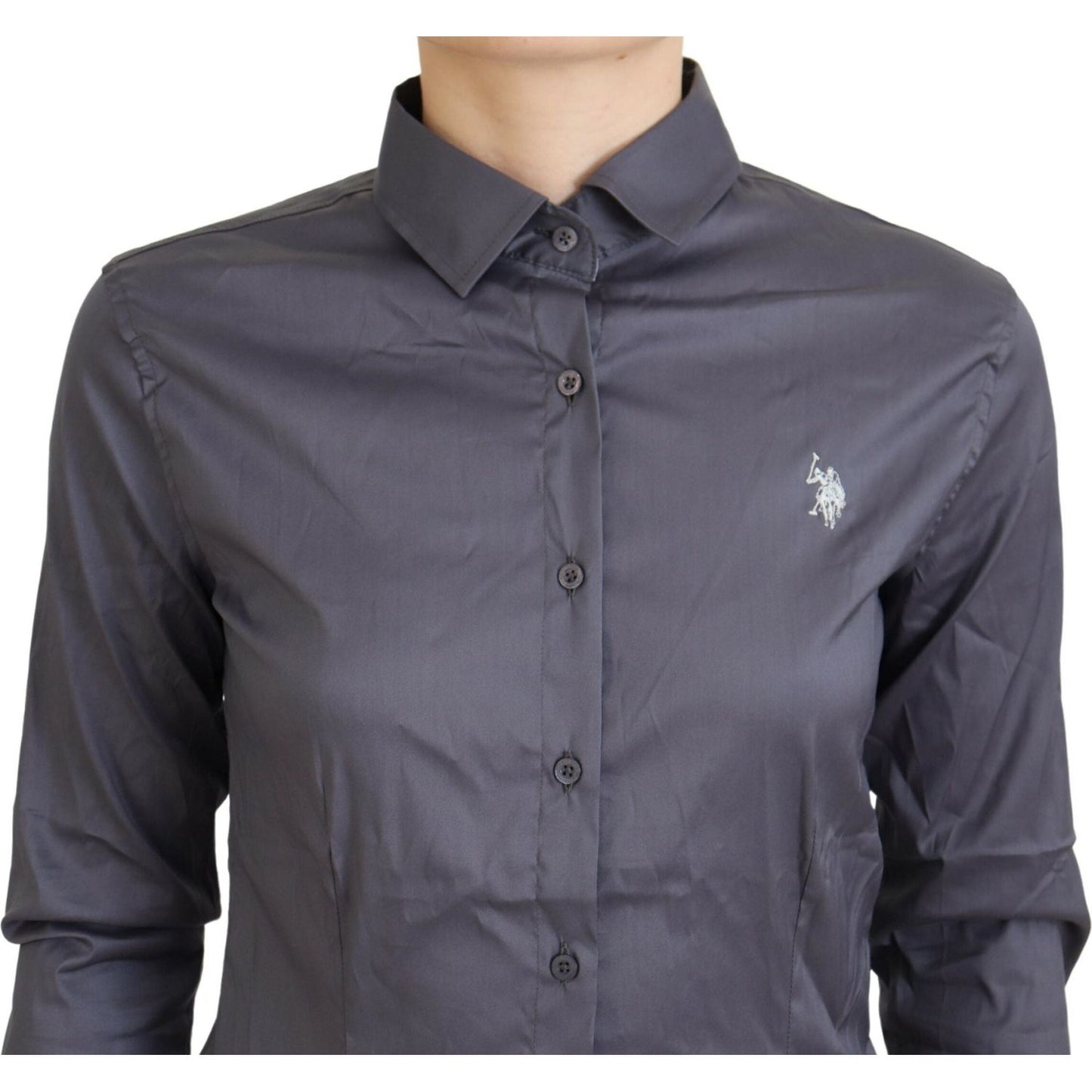 Ralph Lauren Elegant Gray Long Sleeve Polo Top gray-printed-long-sleeves-collared-top