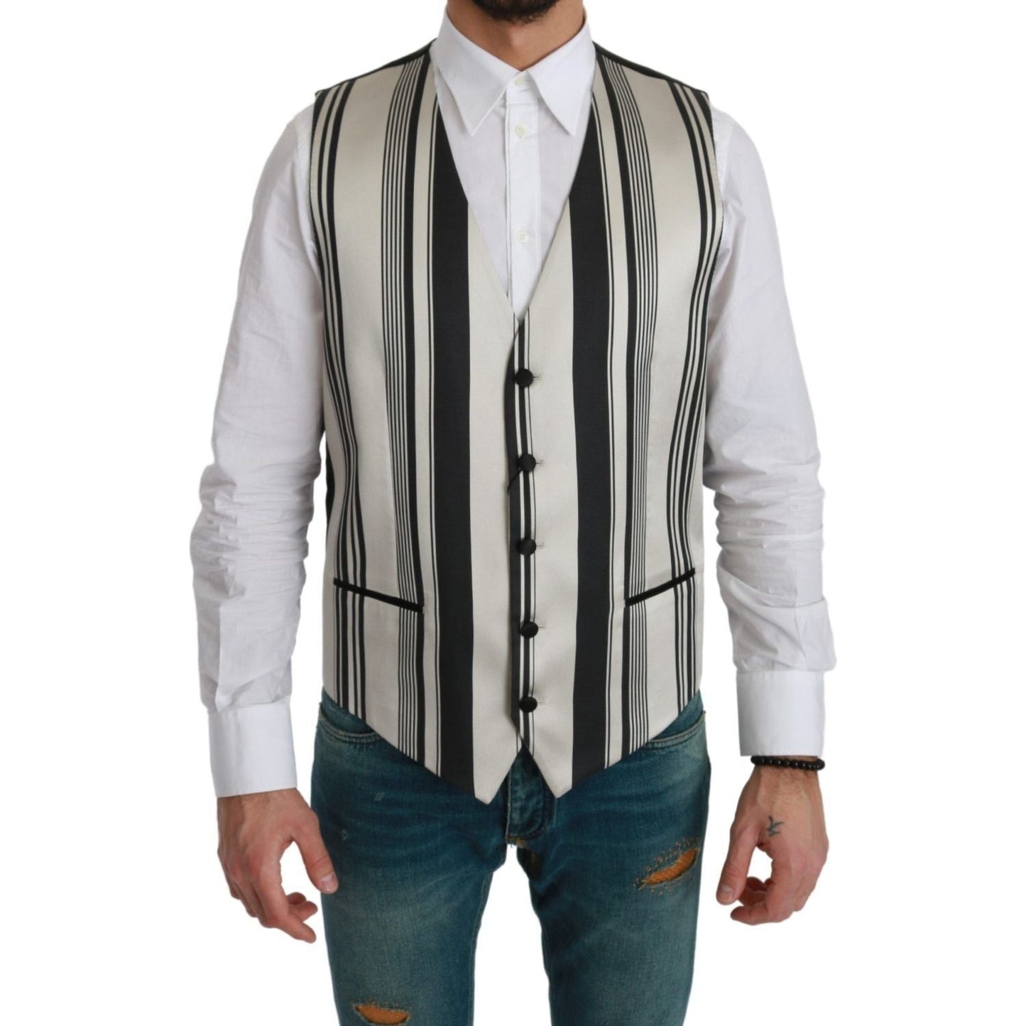 Dolce & Gabbana Stripe Cotton Silk Dress Vest white-black-stripes-waistcoat-formal-vest IMG_0341-scaled-ac18bcd8-814.jpg