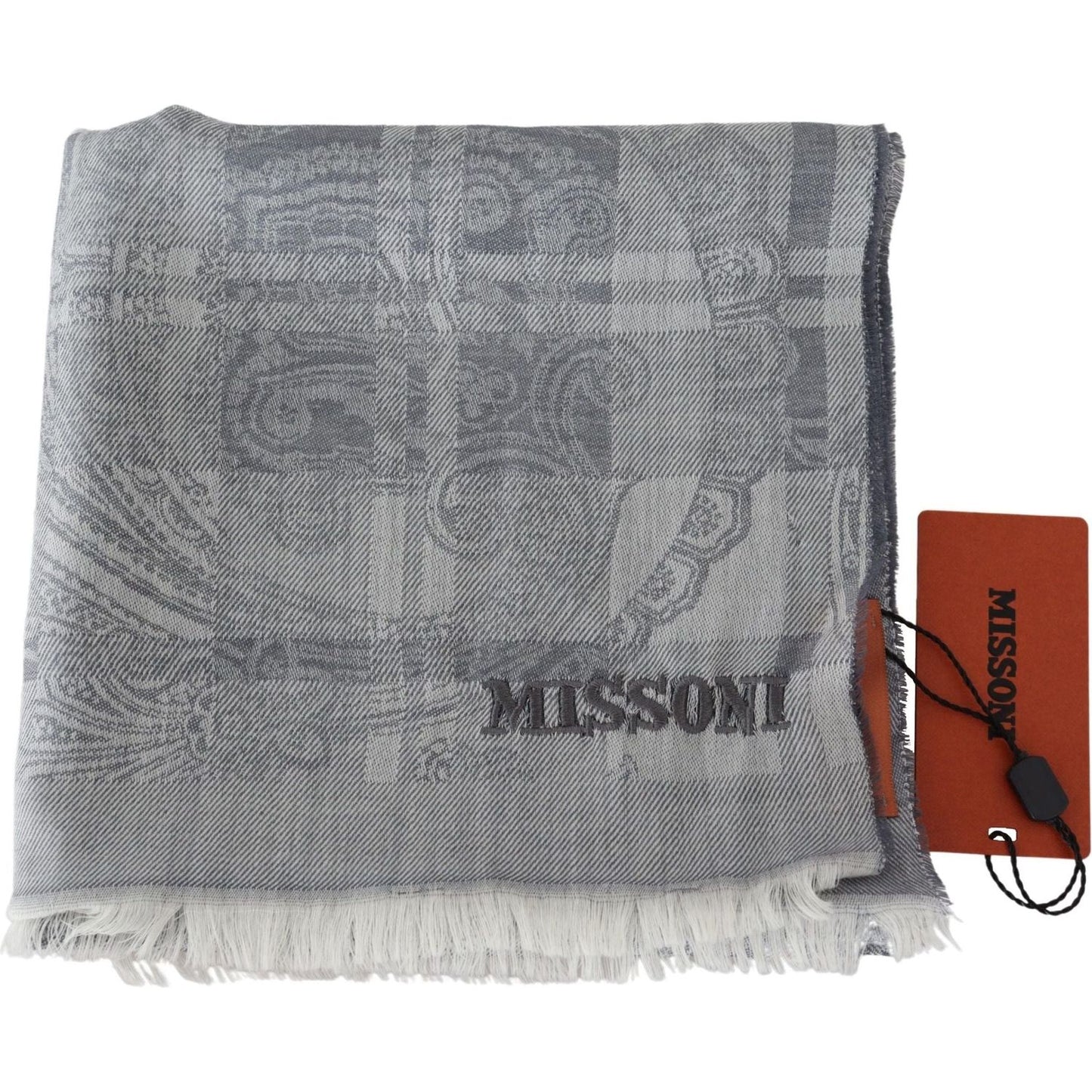 Missoni Chic Unisex Gray Wool Scarf with Logo Embroidery gray-floral-wool-unisex-neck-wrap-fringes-scarf