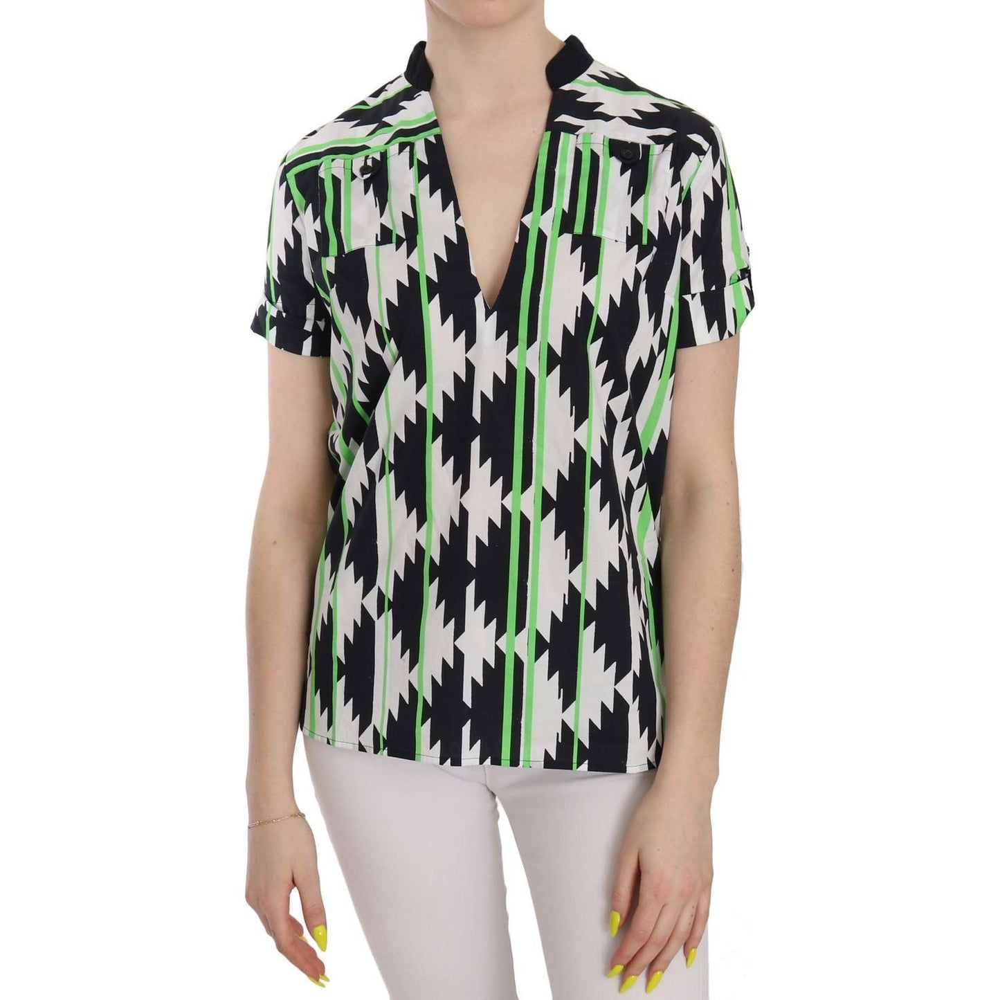 Costume National Glam Short Sleeve Plunging Neck Top multi-color-plunging-top-blouse