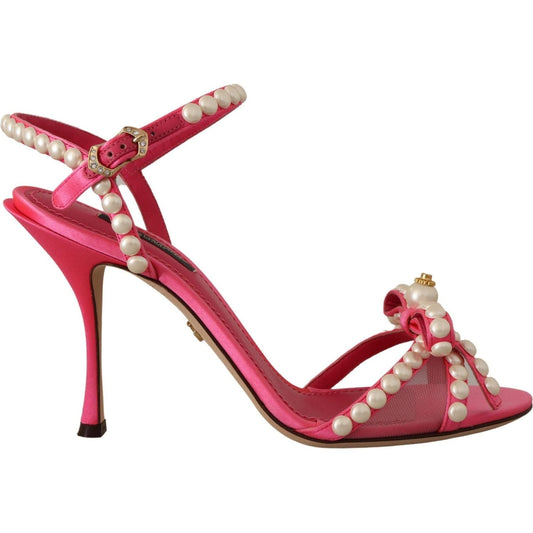 Dolce & Gabbana Elegant Pink Pearl Embellished Heels Sandals pink-satin-white-pearl-crystals-heels-shoes