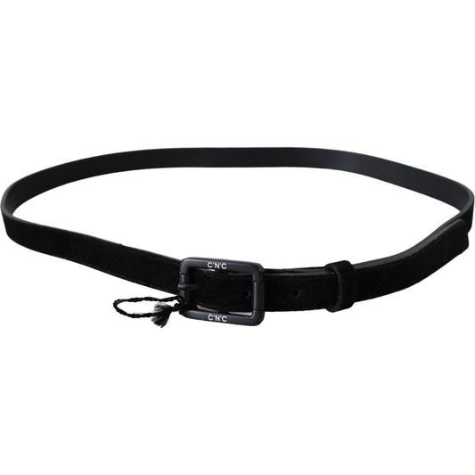 Costume National Elegant Black Velvet Buckle Leather Belt Belt black-leather-velvet-buckle-waist-belt