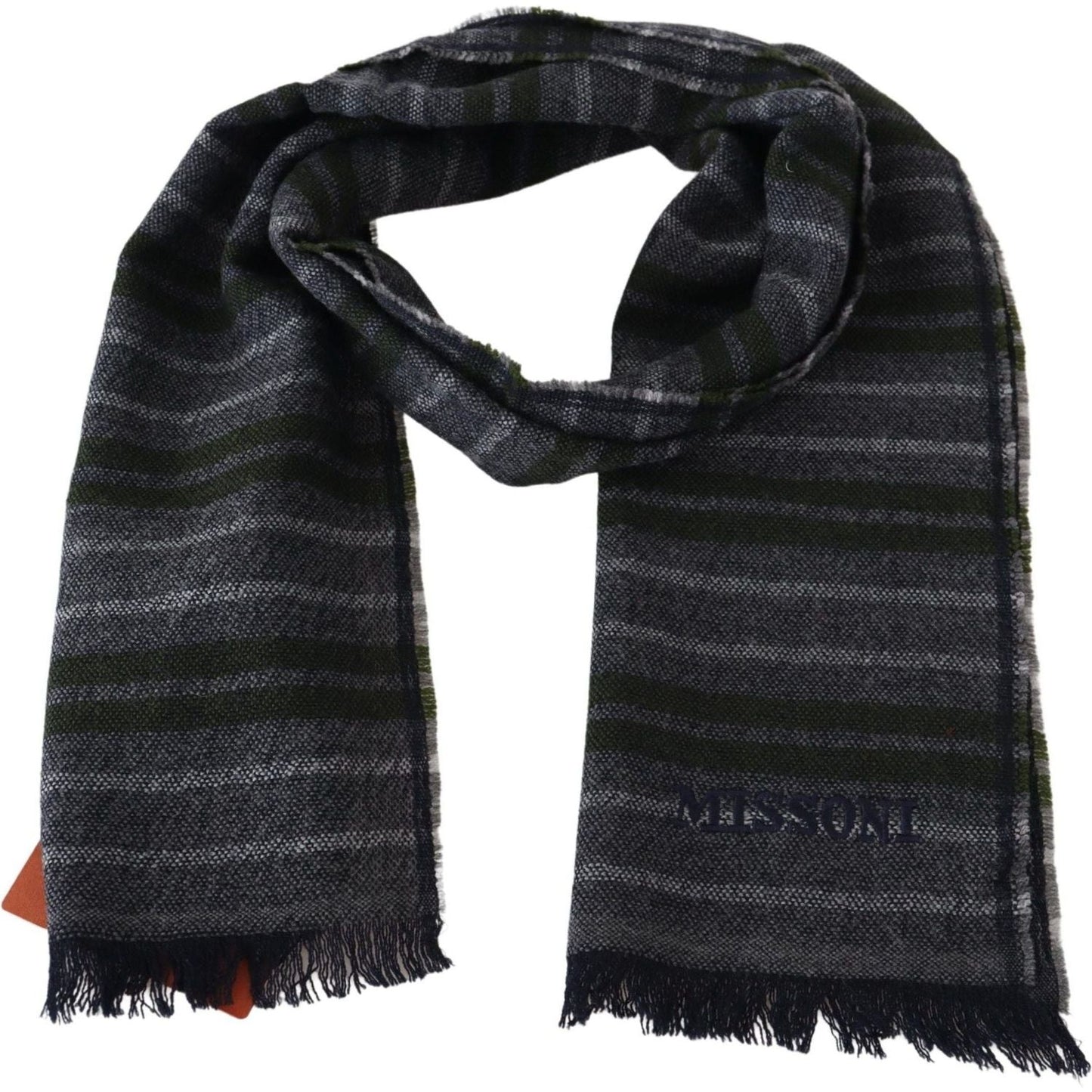 Missoni Chic Striped Wool Scarf with Logo Embroidery gray-striped-wool-unisex-neck-wrap-scarf